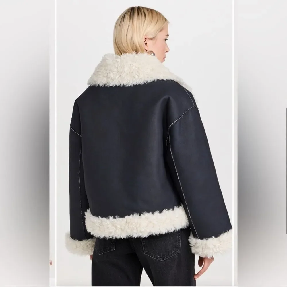 NWOT Free People Kiki Sherpa Vegan Leather Bomber Jacket - Picture 3 of 12
